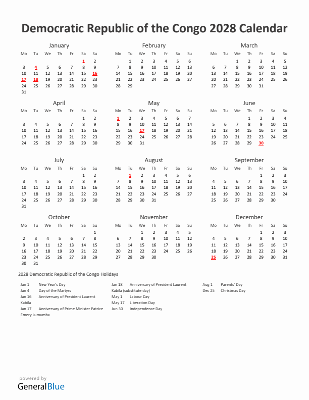 2028 Yearly Calendar Printable With Democratic Republic of the Congo Holidays