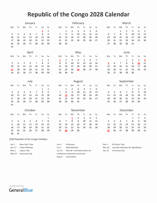 2028 Yearly Calendar Printable With Republic of the Congo Holidays