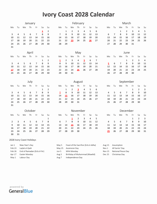 2028 Yearly Calendar Printable With Ivory Coast Holidays