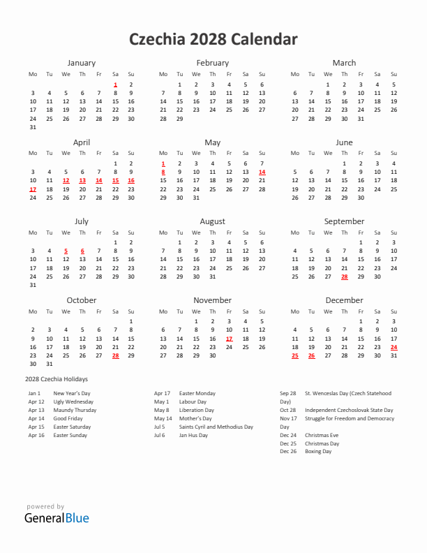 2028 Yearly Calendar Printable With Czechia Holidays