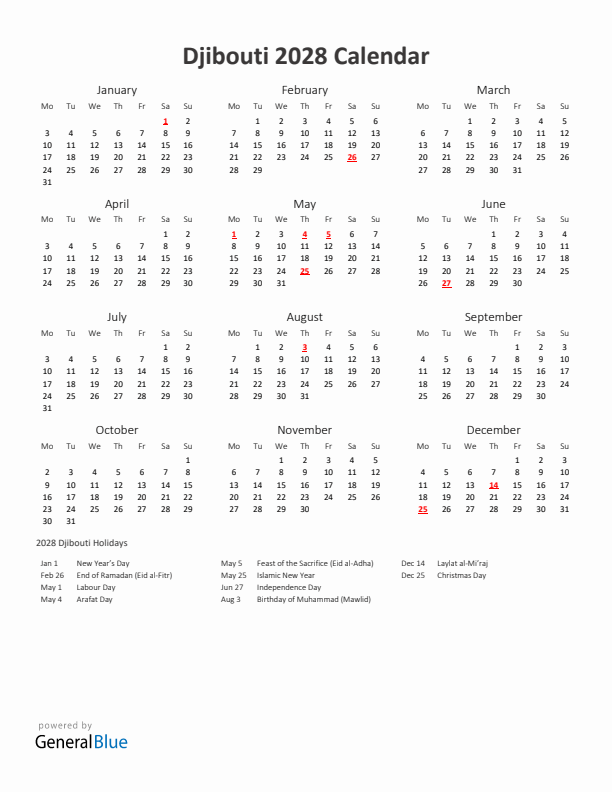 2028 Yearly Calendar Printable With Djibouti Holidays