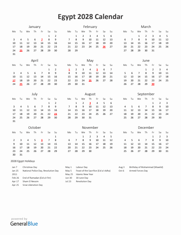 2028 Yearly Calendar Printable With Egypt Holidays