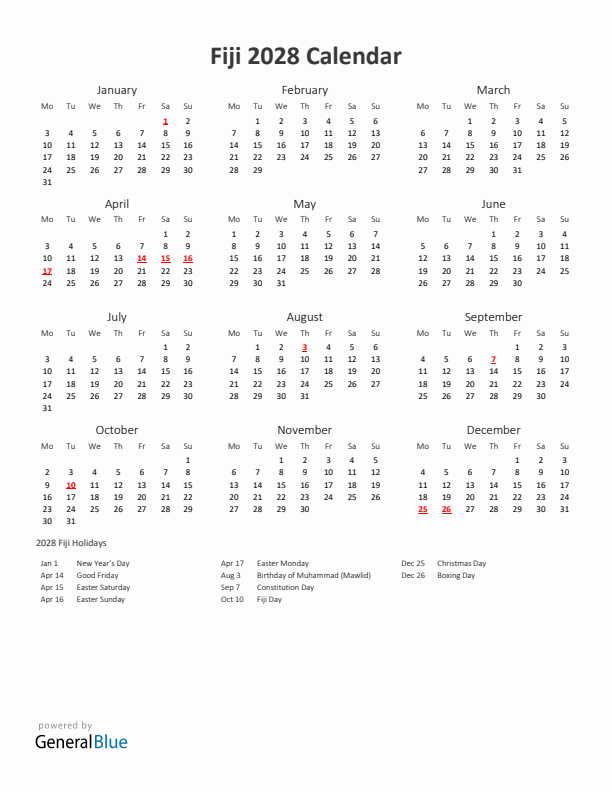 2028 Yearly Calendar Printable With Fiji Holidays