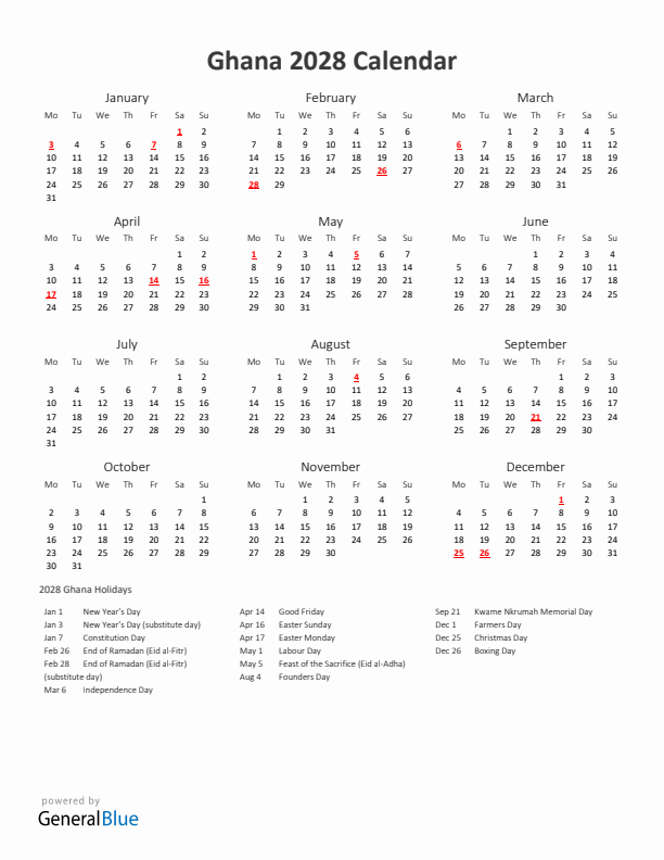 2028 Yearly Calendar Printable With Ghana Holidays