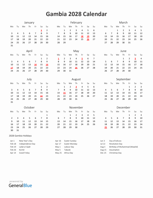 2028 Yearly Calendar Printable With Gambia Holidays
