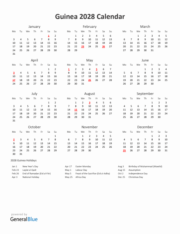 2028 Yearly Calendar Printable With Guinea Holidays