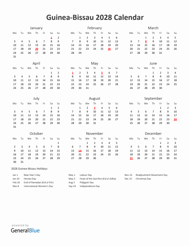 2028 Yearly Calendar Printable With Guinea-Bissau Holidays