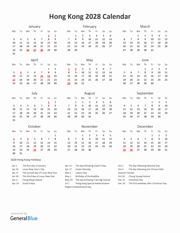 2028 Yearly Calendar Printable With Hong Kong Holidays