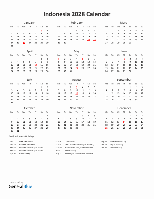 2028 Yearly Calendar Printable With Indonesia Holidays
