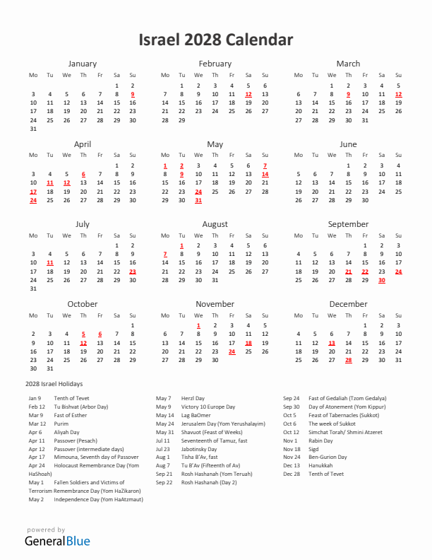 2028 Yearly Calendar Printable With Israel Holidays