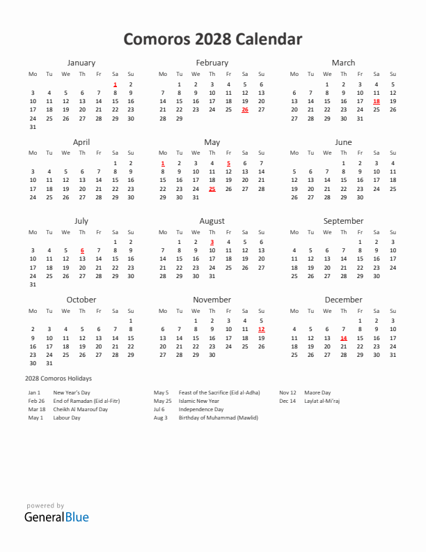 2028 Yearly Calendar Printable With Comoros Holidays