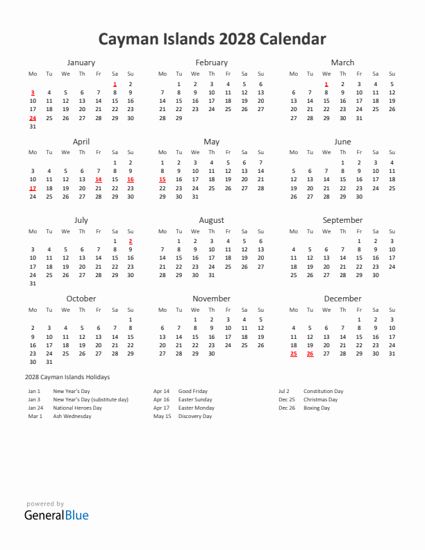2028 Yearly Calendar Printable With Cayman Islands Holidays