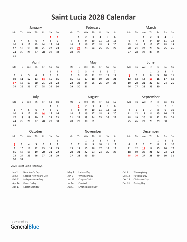 2028 Yearly Calendar Printable With Saint Lucia Holidays