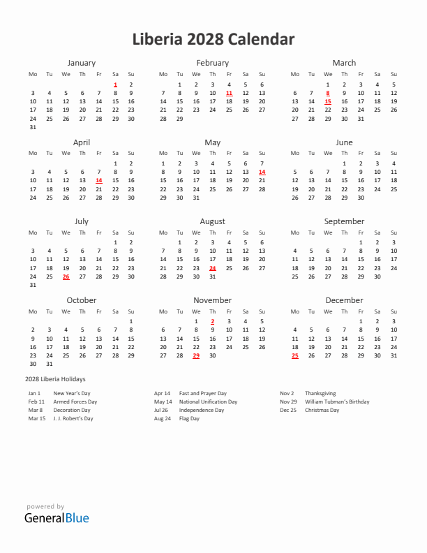 2028 Yearly Calendar Printable With Liberia Holidays