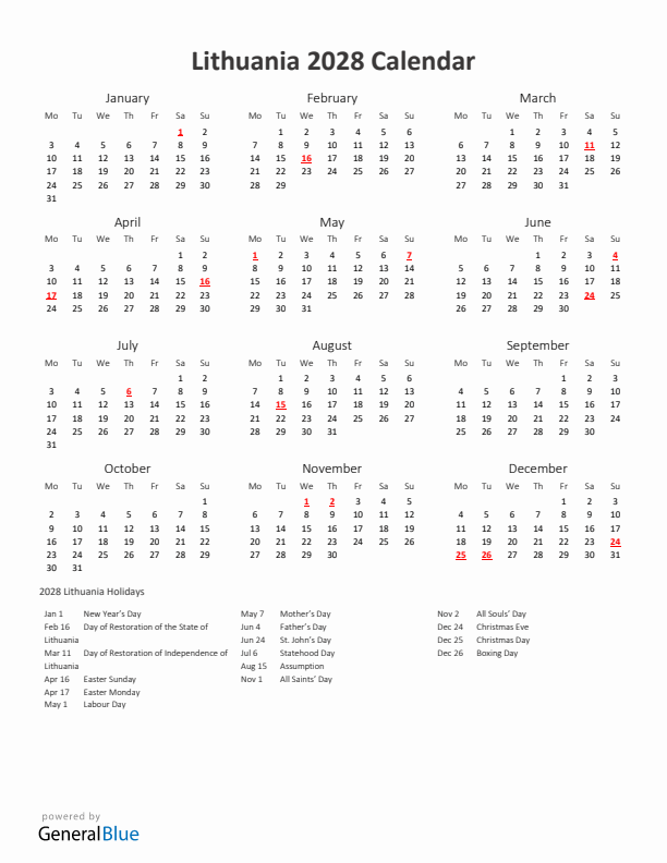 2028 Yearly Calendar Printable With Lithuania Holidays
