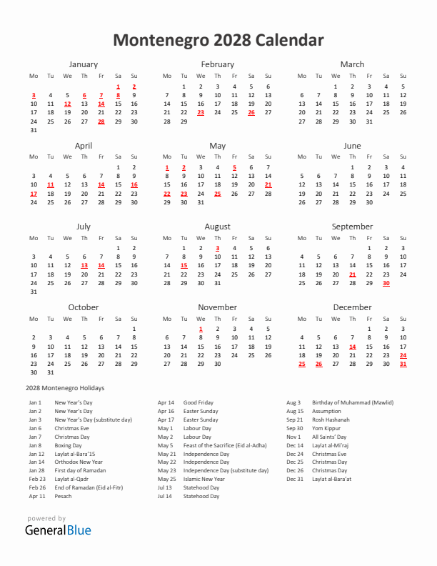 2028 Yearly Calendar Printable With Montenegro Holidays