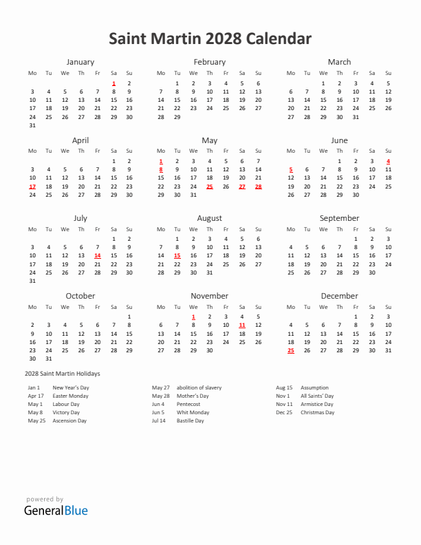 2028 Yearly Calendar Printable With Saint Martin Holidays