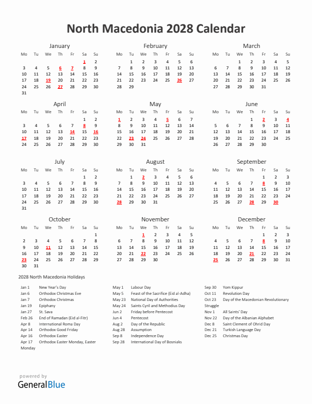 2028 Yearly Calendar Printable With North Macedonia Holidays