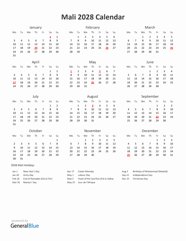 2028 Yearly Calendar Printable With Mali Holidays
