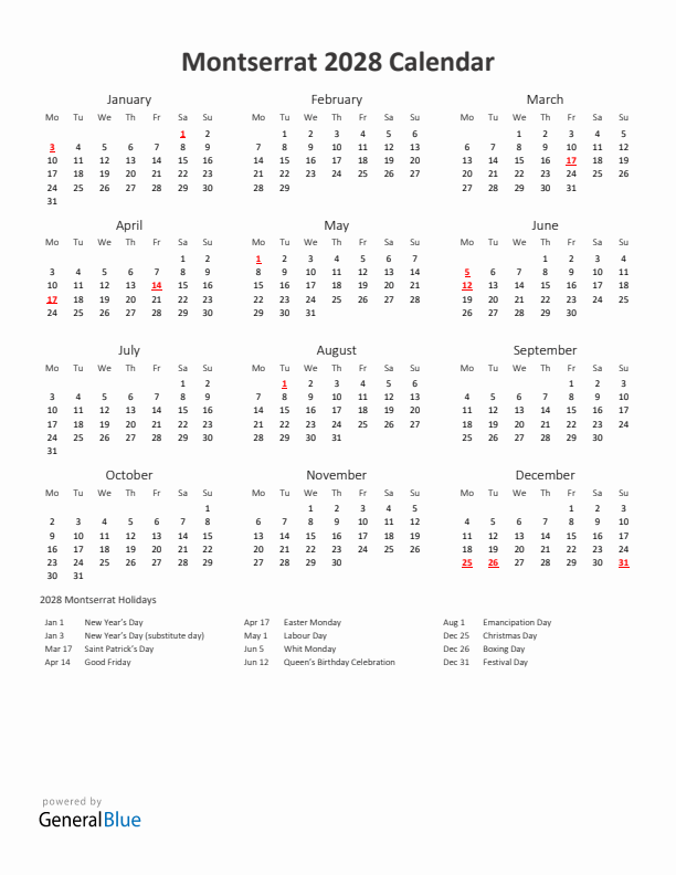 2028 Yearly Calendar Printable With Montserrat Holidays