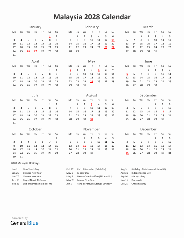 2028 Yearly Calendar Printable With Malaysia Holidays