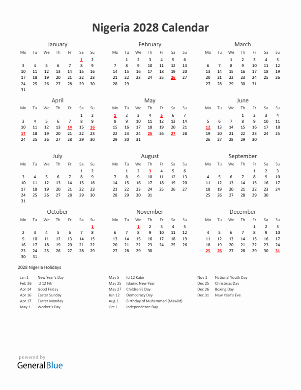 2028 Yearly Calendar Printable With Nigeria Holidays