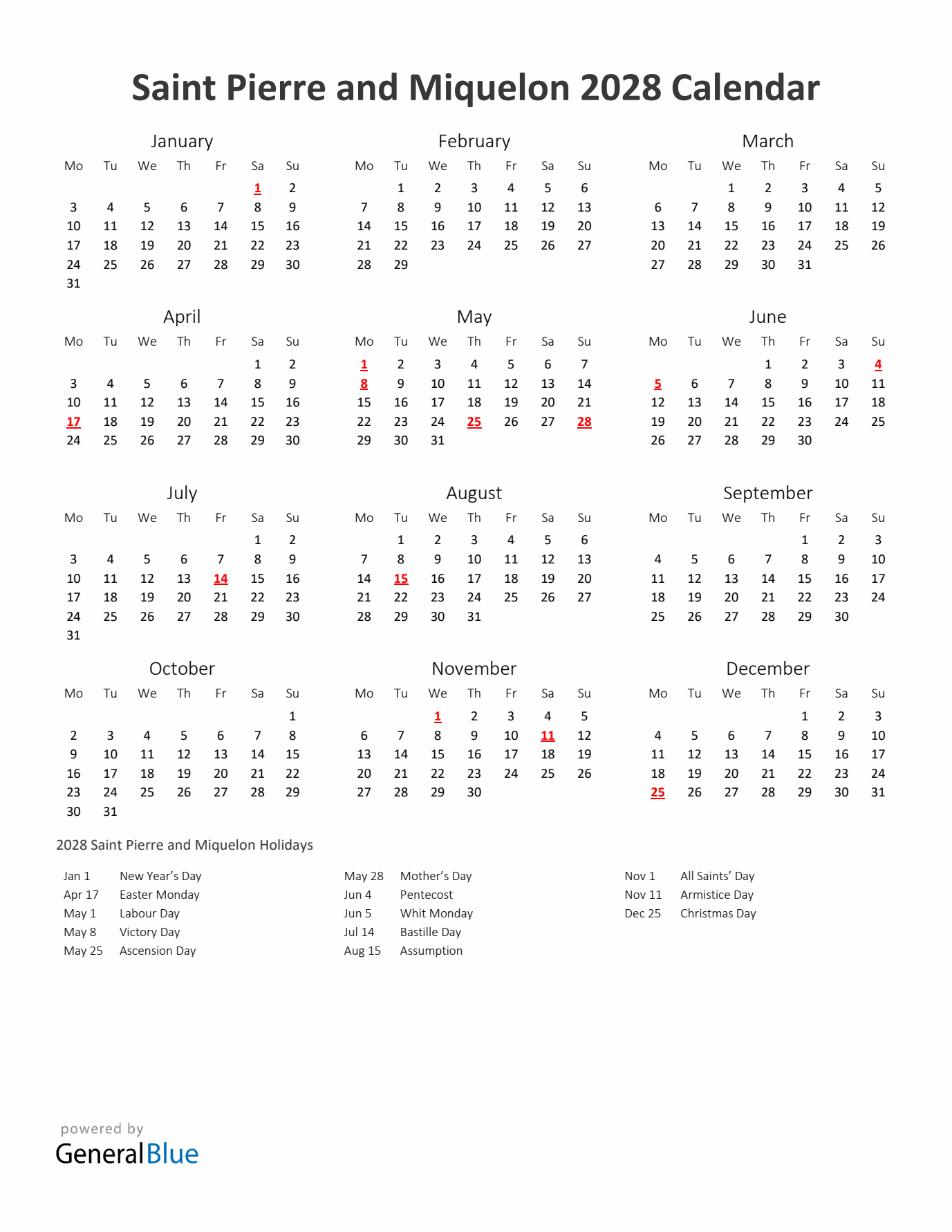2028 Yearly Calendar Printable With Saint Pierre and Miquelon Holidays