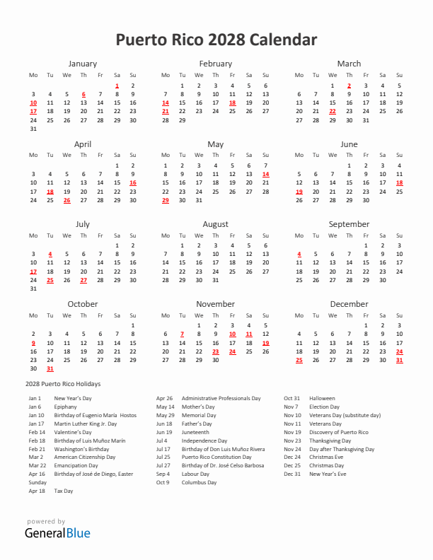 2028 Yearly Calendar Printable With Puerto Rico Holidays