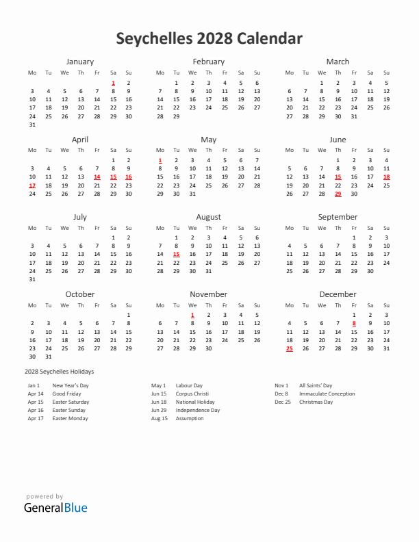 2028 Yearly Calendar Printable With Seychelles Holidays