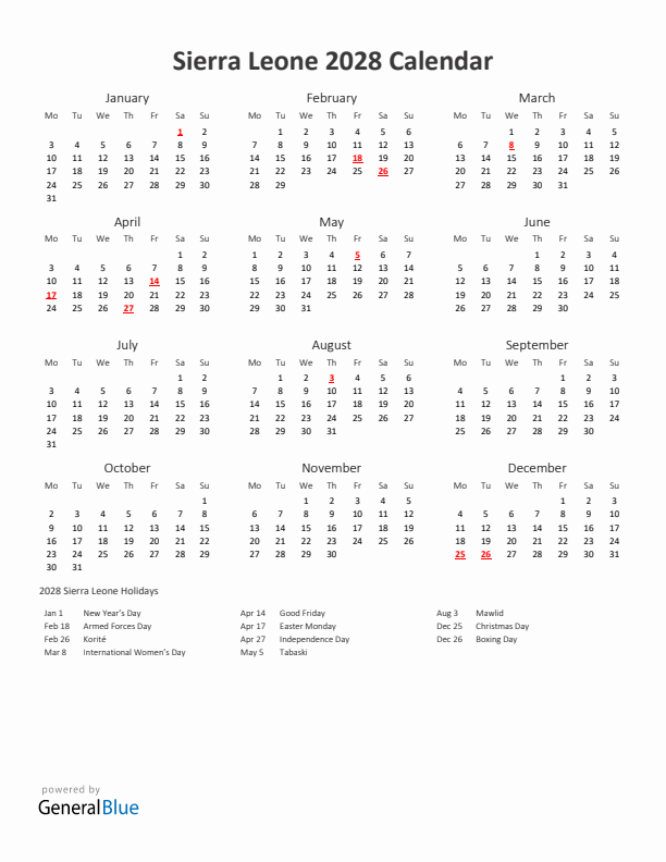 2028 Yearly Calendar Printable With Sierra Leone Holidays