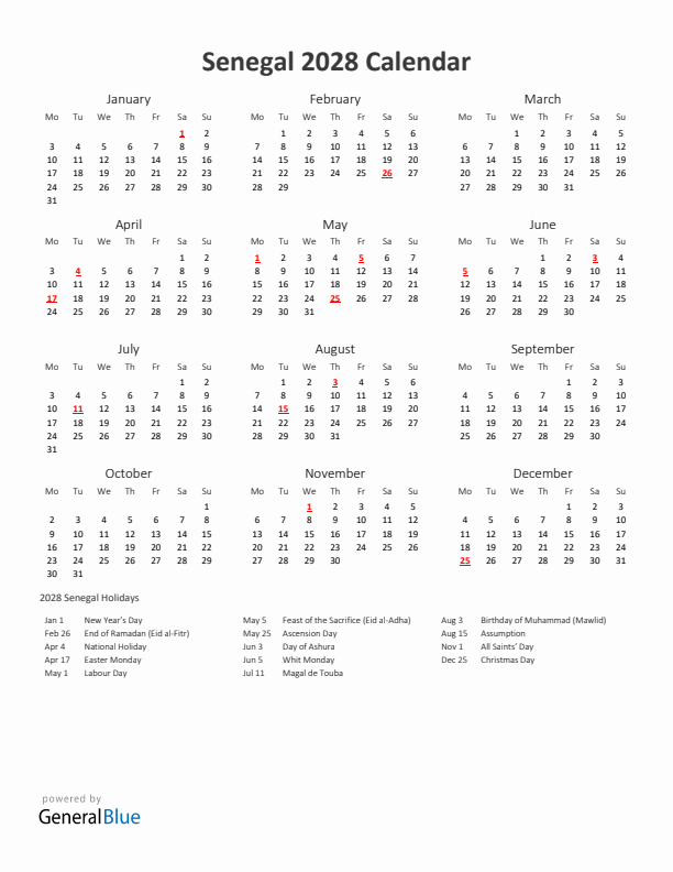 2028 Yearly Calendar Printable With Senegal Holidays
