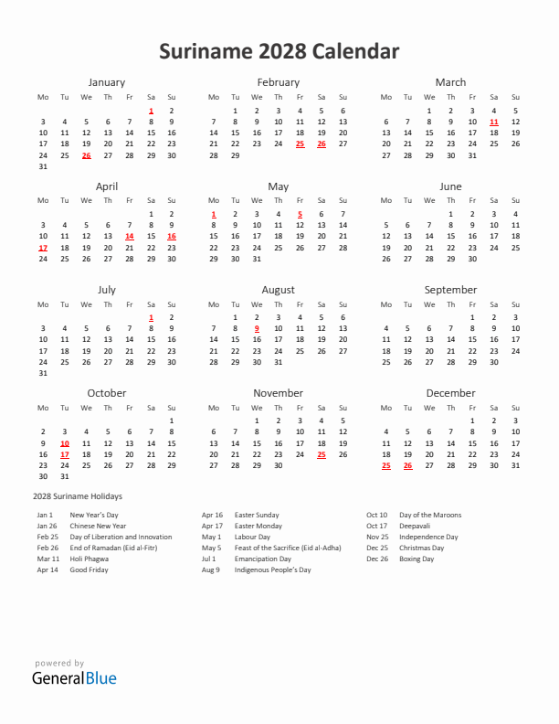 2028 Yearly Calendar Printable With Suriname Holidays