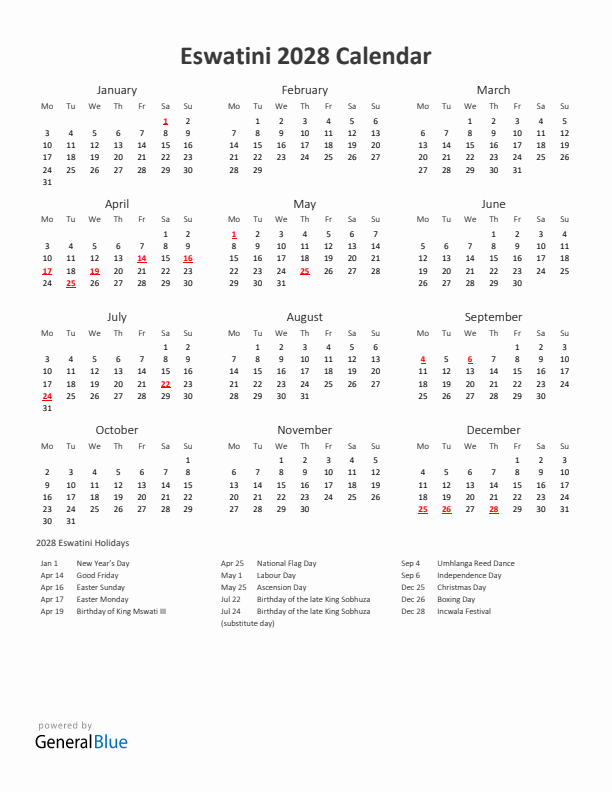 2028 Yearly Calendar Printable With Eswatini Holidays
