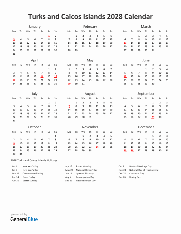 2028 Yearly Calendar Printable With Turks and Caicos Islands Holidays