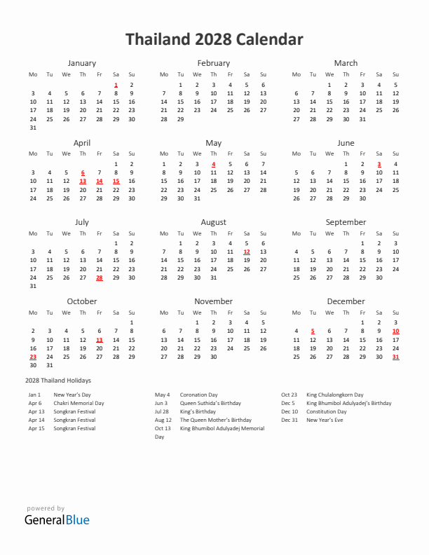 2028 Yearly Calendar Printable With Thailand Holidays