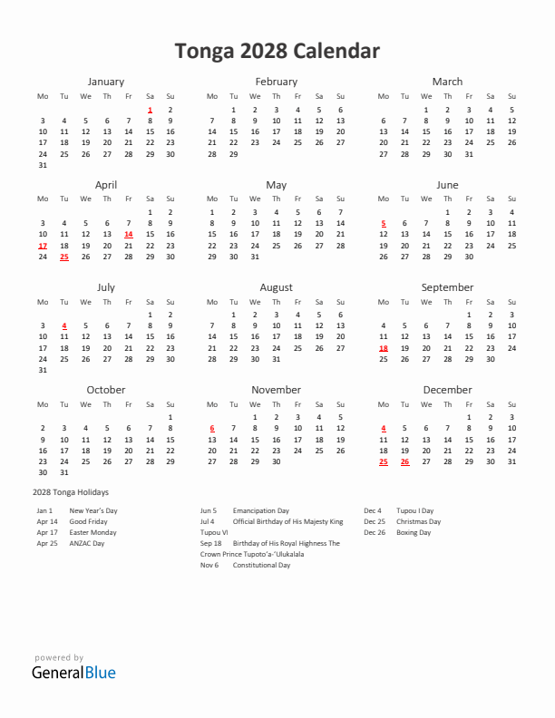 2028 Yearly Calendar Printable With Tonga Holidays