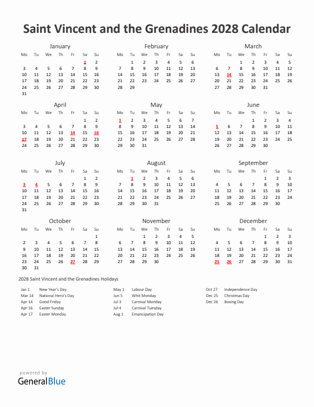 2028 Yearly Calendar Printable With Saint Vincent and the Grenadines Holidays