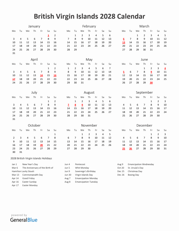 2028 Yearly Calendar Printable With British Virgin Islands Holidays