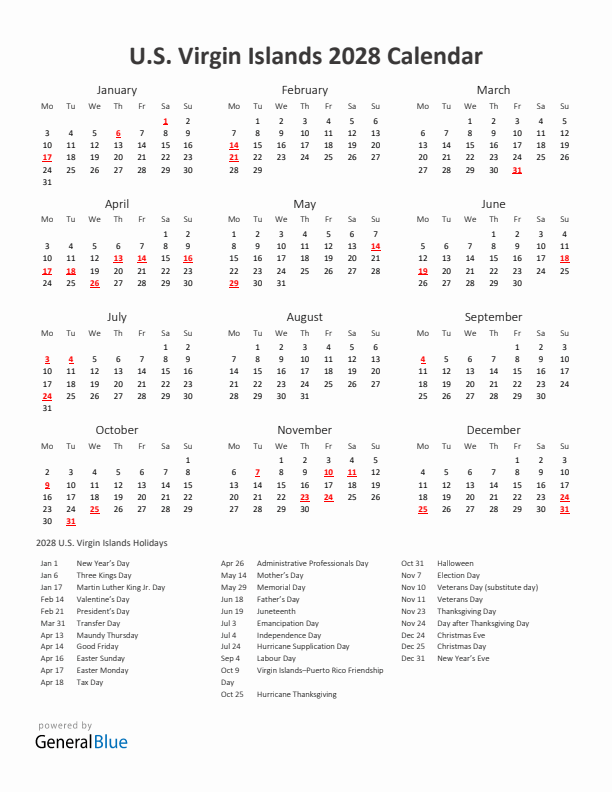 2028 Yearly Calendar Printable With U.S. Virgin Islands Holidays