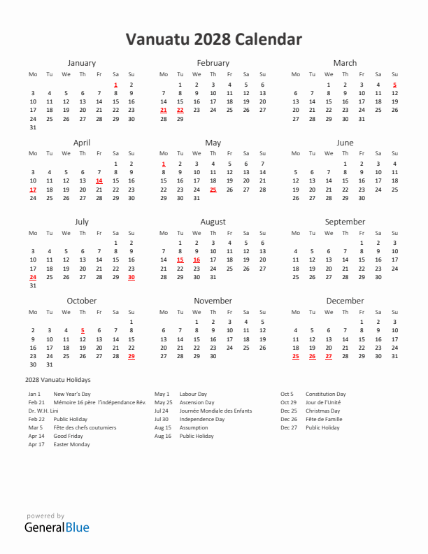 2028 Yearly Calendar Printable With Vanuatu Holidays