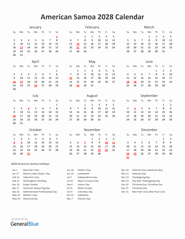 2028 Yearly Calendar Printable With American Samoa Holidays