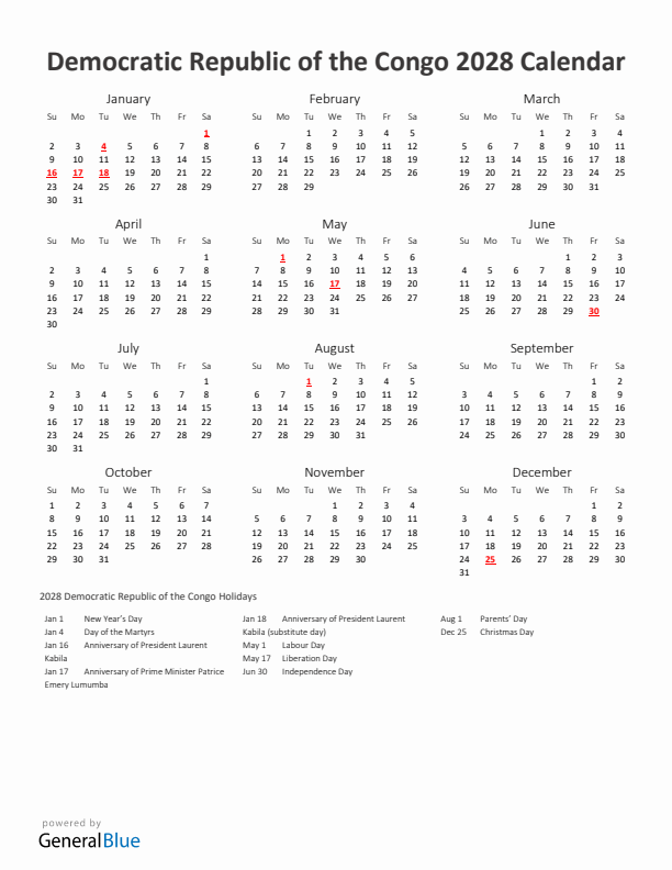 2028 Yearly Calendar Printable With Democratic Republic of the Congo Holidays