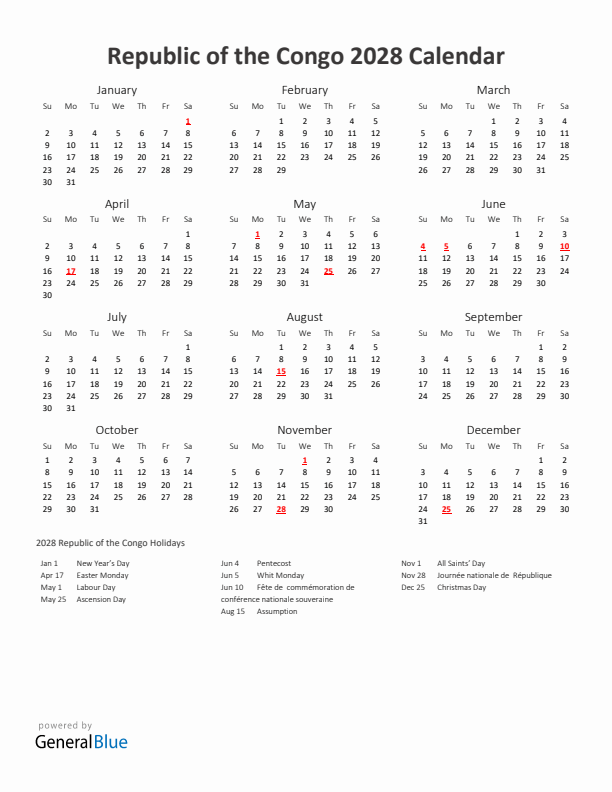 2028 Yearly Calendar Printable With Republic of the Congo Holidays