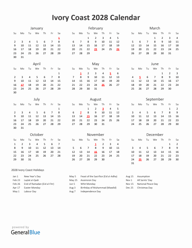 2028 Yearly Calendar Printable With Ivory Coast Holidays