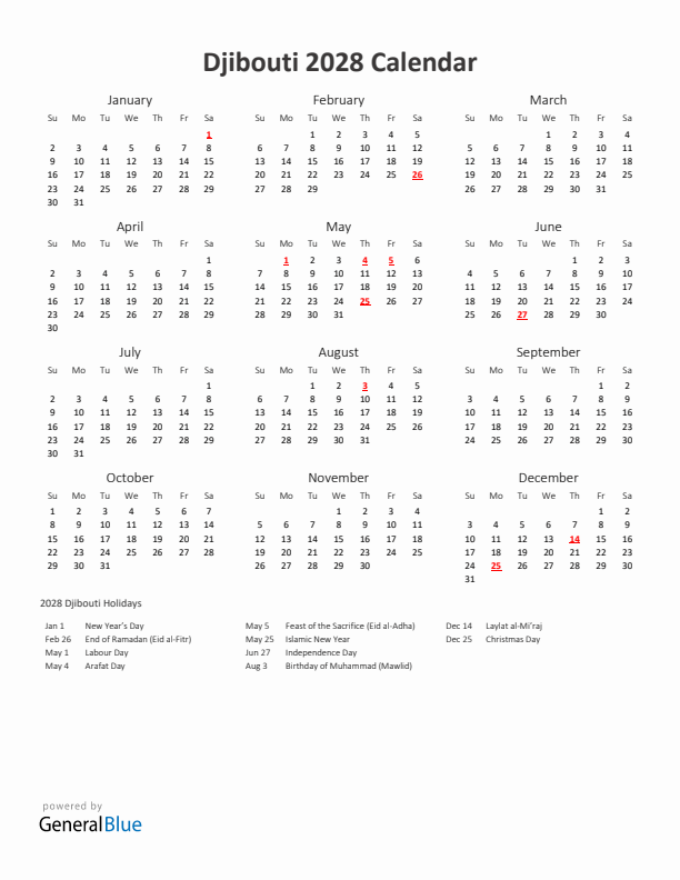 2028 Yearly Calendar Printable With Djibouti Holidays