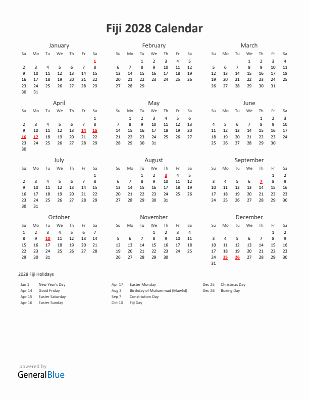 2028 Yearly Calendar Printable With Fiji Holidays