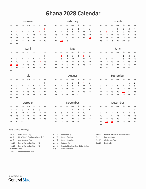 2028 Yearly Calendar Printable With Ghana Holidays
