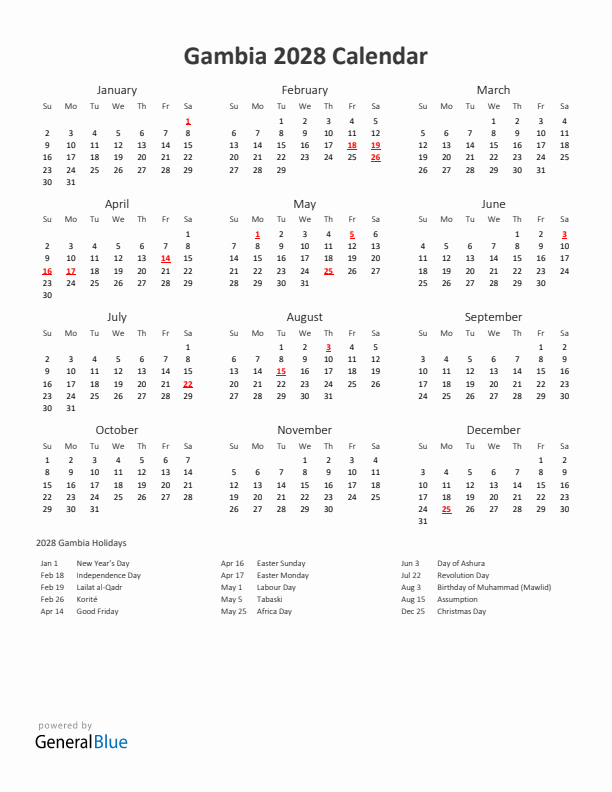 2028 Yearly Calendar Printable With Gambia Holidays