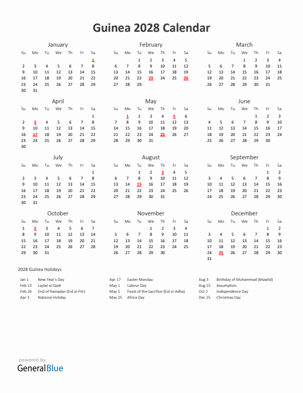 2028 Yearly Calendar Printable With Guinea Holidays