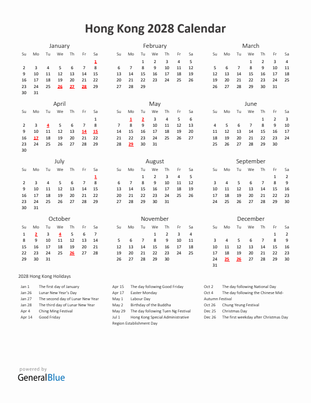 2028 Yearly Calendar Printable With Hong Kong Holidays